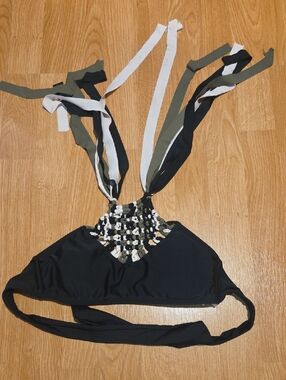 Women's Black Crochet Halter Bikini Top with Olive & White Straps